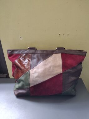 Anne Klein Patchwork Leather Tote in Burgundy, Green, Cream, Brown, VINTAGE